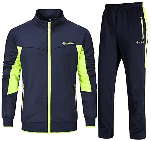 Image of Rdruko Mens Tracksuits Sets Running Jackets Joggers 2 Piece Casual Sweatsuits Sports Lounge Wear Fluorescent Green and Navy M