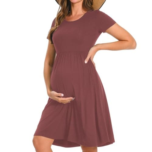 Image of Bearsland Women’s Short Sleeve Maternity Dresses Patchwork Pregnancy Dress with Pocket, Coppery Brown, M