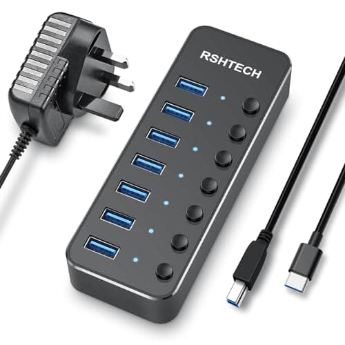 Image of RSHTECH Powered USB C 3.0 Hub, USB C to 7-Port USB 3.0 Hub with Individual On/Off Switches with 5V/2A Power Adapter (RSH-518C)