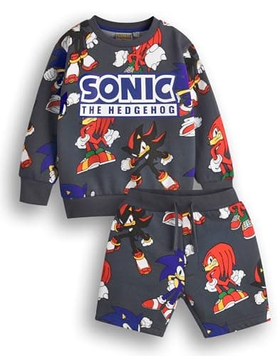 Image of SONIC THE HEDGEHOG Boys Sweatshirt & Shorts Set | Kids All Over Print Graphic Sweater with Matching Bottoms | Shadow Knuckles Apparel Outfit for Gamers | Daywear Gaming Character Merchandise Gift