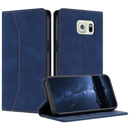 Image of Mo-Beauty Compatible with Samsung Galaxy S6 Edge Case, PU Leather Flip Wallet Phone Stand Case Cover with 2 Slot Card Holder and Magnetic Closure for Samsung S6 Edge Shockproof Phone Case (Blue)