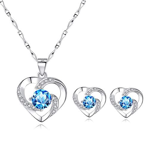 Image of wynn's Silver Jewellery Set for Women, 925 Sterling Silver Heart Stud Earrings, 45cm Silver Necklace Pendant Set with Blue Cubic Zirconia, Gift for Girlfriend Mother Wife