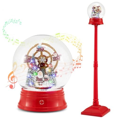 Image of SPOTRAVEL Musical Christmas Street Lamp, Xmas Lamp Post with Detachable Lantern, Color-changing Lights, Snowy Effect, Santa Scene Lamp for Home Porch (153cm, Globe Shaped with Ferris wheel, Red)