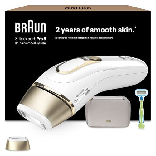 Image of Braun IPL Silk-Expert Pro 5, at Home Hair Removal Alternative for Laser Hair Removal, Includes Pouch and Venus Razor, 2 Years of Smooth Skin, Gift for Women, White/Gold, PL5052