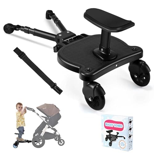 Image of BugyKido Universal Buggy Board with Seat, Adjustable Kiddy Board, Pram Standing Board Compatible with Over 99% of Pushchairs, for Children from 2-6 Years, Load 25 KG