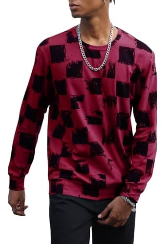 Image of PCEAIIH Men's T-Shirt Printed Tee Fashion Top Round Neck Long Sleeves Casual Graffiti Hip Hop Checkerboard Tops Wine Red