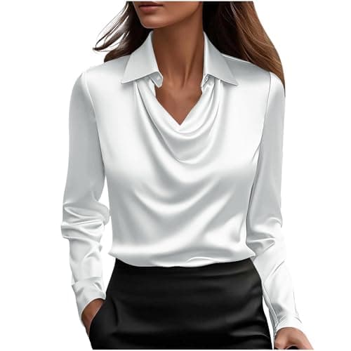 Image of Women's Silk Satin Tops Silk Long Sleeve Slouchy Neckline Shirts Solid Colour Tops Lightweight Comfy Regular Fit Clothes Baggy Going Out Office Work Tshirts Tunics Blouses