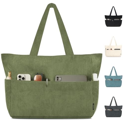 Image of HOMESPON Corduroy Tote Bag for Women with Zipper Large Shoulder Bag Handbag for Work School Shopping Travel Gym Green