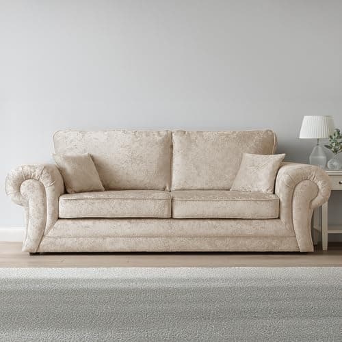 Image of Furnishings For Less UK New Large Chelsea Mink Crushed Velvet 3 Seater Sofa Roll Arm Full Back Large Cushions (Mink, 3 Seater Sofa)