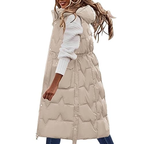 Image of Long Gilet for Women UK Padded Hooded Jacket Casual Loose Comfy Sleeveless Fall Winter Warm Coat Puffer Gilets Down Quilted Gilets with Pockets