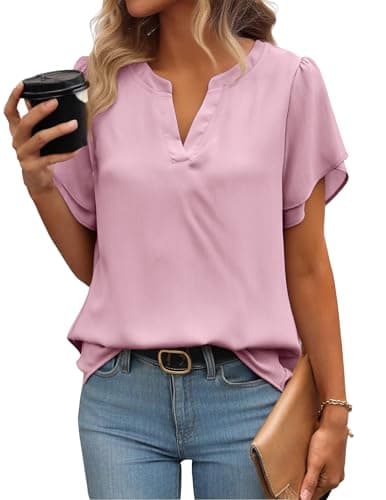 Image of Zeagoo Womens Tops Ruffle Short Sleeve Blouses for Women UK Loose Flowy Ladies V Neck Chiffon Tunic Tops Double Layers Mesh Shirts A-Light Pink L