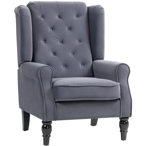 Image of HOMCOM Wingback Accent Chair, Velvet Armchair with Thick Spring Cushion, High Back, Solid Wood Legs, Retro Button Tufted Reading Chair for Living Room, Bedroom, Dark Grey