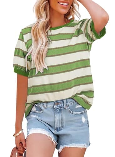 Image of Flikity Summer Tops 2025 Womens Striped Color Block Short Sleeve T Shirts for Women Trendy Loose Casual Dressy Shirts Basic Tee Cute Tshirts Blouses Going Out Workout Outfits Light Green Medium