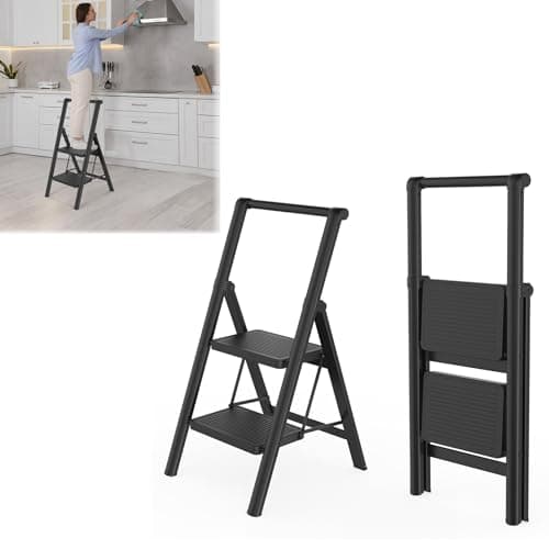 Image of SAILUN Folding Step Ladder, 2-Step, With Handrail, Steel Construction, Non-Slip Rubber Mats, Widened Steps, 250KG Load Capacity, Suitable for Home, Office, Garage, Black