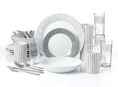 Image of Waterside - 36pc Combination Dinner Set; 4 Porcelain Dinner Plates, Side Plates, Soup Bowls, Mugs & Hi-Ball Glasses and Cutlery Set - Dishwasher & Microwave Safe