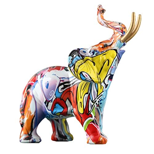 Image of QIANLING Graffiti Elephant Statue - Colorful Resin Art Figurine for Home Decor, Creative Elephant Accent for Living Room, Bedroom, Office, Shelf, Entryway, or Table Centerpiece