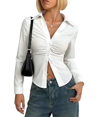 Image of Coloquin Womens Long Sleeve Button Down Ruched Fitted Shirt Blouse Casual Lapel Collar Office Work Tops White M