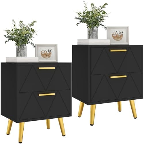 Image of YITAHOME 2-Drawer Bedside Table Set of 2, Small Bedside Storage Cabinet with Storage, Nightstand End Table for Living Room Bedroom Office, Black & Gold, 40x30x52cm, Black & Gold