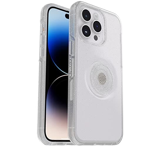 Image of OtterBox iPhone 14 Pro (ONLY) Otter + Pop Symmetry Series Clear Case - STARDUST POP (Clear/Glitter), integrated PopSockets PopGrip, slim, pocket-friendly, raised edges protect camera & screen