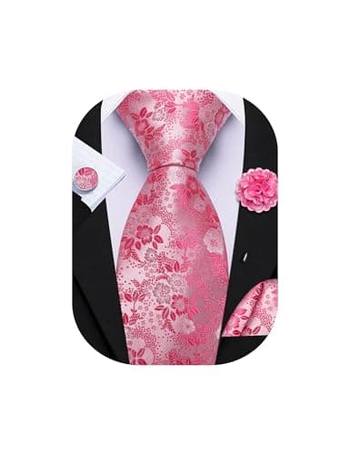 Image of Barry.Wang Hot Pink Tie with Flower Lapel Pin for Men Floral Silk Necktie Pocket Square Cufflinks Set Formal Wedding Party Business