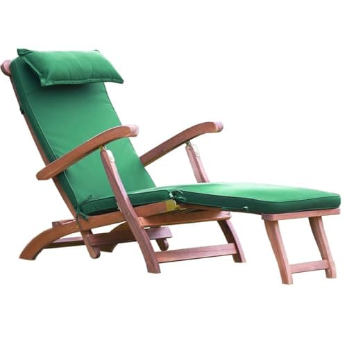 Image of Foldable Wooden Sun Lounger with Cushioned Seat Adjustable Backrest & Footrest - Weather-Resistant Acacia Wood Recliner Chair for Garden, Patio & Poolside, Ergonomic Armrests & Space-Saving Design