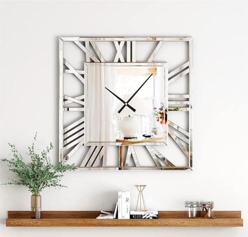 Image of DEENZ 40X40Cm Full Mirrored Wall Clock Large Roman Numeral Clock Silver Finish Modern Home Decorative Mount (Square)