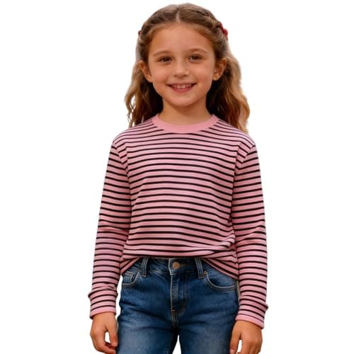 Image of Striped Shirt Children's Red/White Striped Long Sleeve Shirt Girls Boys Shirt Glunker Crew Neck T-Shirt Top Striped Long-Sleeved Pullover Sailors Carnival Fancy Dress Costume 3-14 Years, D-pink, 13-14