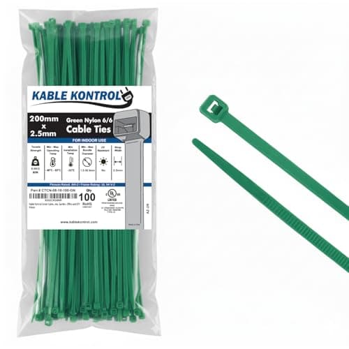 Image of Kable Kontrol Green Cable Ties, 200 mm x 2.5 mm, Pack of 100, 8" Premium Nylon Zip Ties, Multi-Purpose Plastic Tie Wraps, Secure Self-Locking Mechanism, for Home, Garden, Office and DIY
