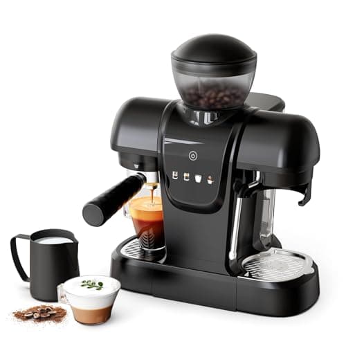 Image of 20 Bar Semi-Automatic Espresso Machine with Built-in Grinder & Steam Wand, Pre-Infusion, NTC Temperature Control, 58mm Single/Double Portafilter, Removable Water Tank & Drip Tray-Black Coffee Machine