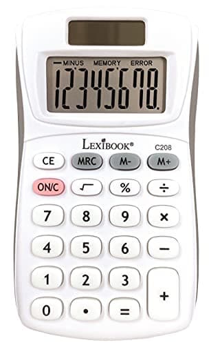 Image of Lexibook, 8 Digit Pocket Calculator, Basic and Memory Function, Soft Silicone Keys for Office, School, Home, Solar & Batteries, White/Grey, C208