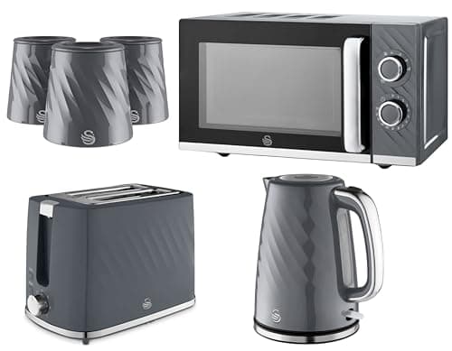 Image of Swan Windsor Grey 6 Piece Kitchen Appliance & Storage Set – 1.7L 3KW Kettle, 2 Slice Toaster, 20L 800W Microwave & Canisters Bundle Set – Textured Gloss Finish with Chrome Accents