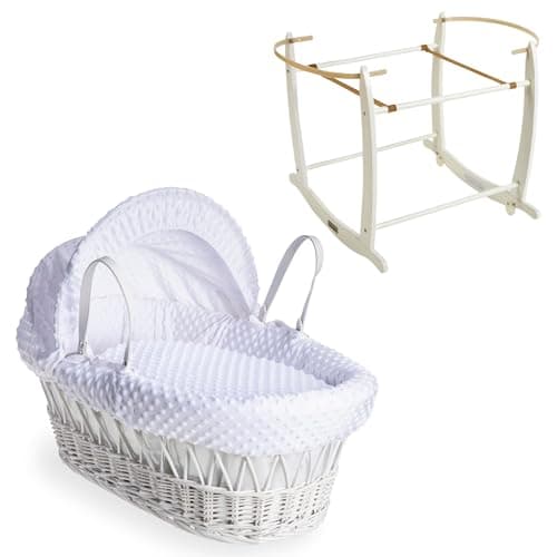 Image of Clair de Lune Dimple White Wicker Moses Basket with White Deluxe Rocking Stand (White)