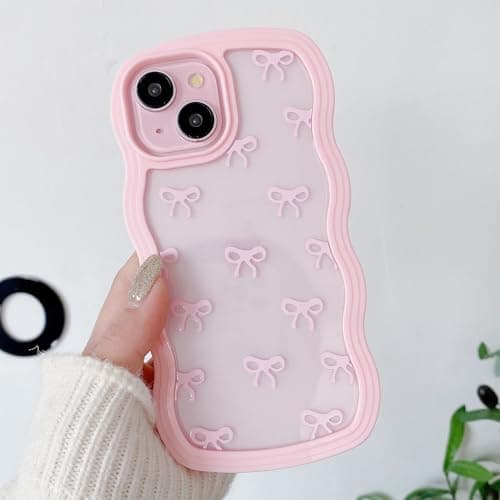 Image of QLTYPRI Bow Case for iPhone 14 Plus/iPhone 15 Plus, Clear Cute Ribbon Bow Phone Case Curly Wavy Aesthetic Phone Case, Slim Soft Transparent Shockproof Protective Cover for Women Girls - Pink
