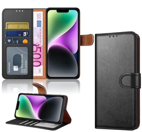 Image of iCatchy iPhone 14 Case 6.1-Inch, Leather Wallet Book Stand view Magnetic Protect RFID Blocking Flip Cover Compatible with iPhone 14 (Black)