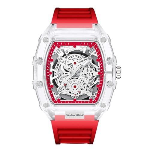 Image of RORIOS Transparent Tonneau Wrist Watch for Men Fashion Analogue Quartz Watch Men's Silicone Wristwatch Luminous Date Calendar Watches Red