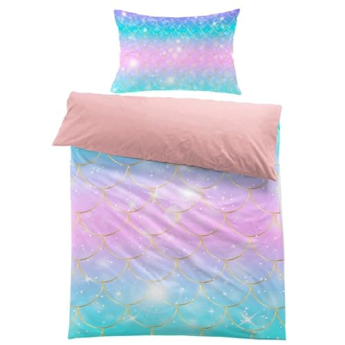 Image of MUSOLEI Mermaid Bedding Set Girls Single Double Colorful 3D Mermaid Tail Blue Duvet Cover Sets Pink Lovely Quilt Cover Soft with Pillwocase (Pink Scales, Single)