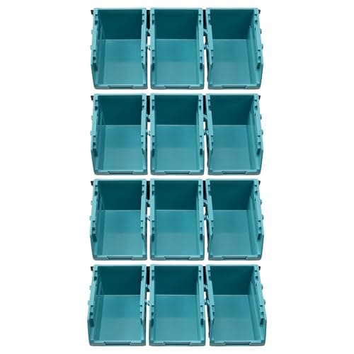 Image of Navaris Storage Bins - Interlocking Plastic Van Boxes - Wall Mounted Compartments for Screws Nails Small Tool Parts - Workshop Garage Drawer Shed Bolt Organiser - 12 Bins & 3 Rails