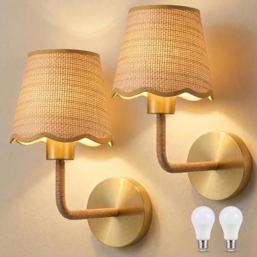 Image of SERBASIC Rattan Wall Light for Living Room Bedroom Set of 2 with E27 Led Bulb,Rustic Rattan Wall Lamp,Handmade Farmhouse Lampshade Wall Sconce for Kitchen Island Dining Room Bedroom Hall