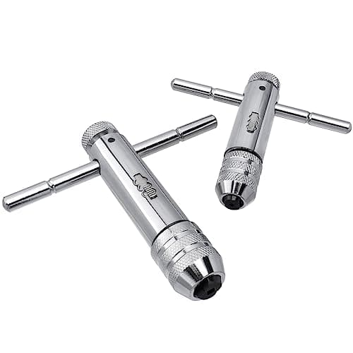 Image of Mesee 2 Pieces T-Handle Ratchet Tap Wrench Set, Adjustable Ratcheting T Handle Tapping Holder Wrench Reversible Reamer Hand Threading Tap Wrenches Tool Fits M3-M8/ M5-M12 Metric Screw Taps