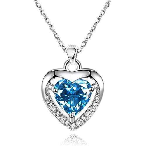 Image of EXGOX Silver Heart Necklaces, 925 Sterling Silver Necklace for Women Crystal Heart Necklace Dainty Love Heart Necklace Adjustable Silver Chain Necklace Women Birthday Gift (Blue-Crystal Heart)