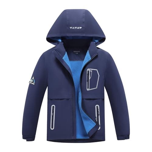 Image of BuyiRen Boys Girls Windbreakers Jacket Rain Jackets Hooded Raincoat Fleece Lined Rain Coats for Kids, Navy, 9-10 Years
