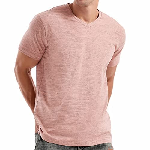 Image of RONOMO Men's Short Sleeved T-Shirt | V-Neck | Medium Stretch | Soft and Breathable | Anti Shrink Treatment（V Pink XXXL）