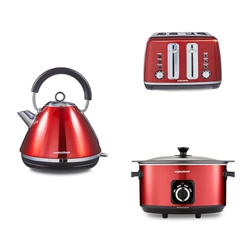 Image of Morphy Richards Accents Kitchen Bundle, 1.5L, 3KW Rapid Boil Pyramid Kettle, 4 Slice Toaster & Slow Cooker 6.5L, Easy Operation, Stylish Retro Design, Matching Set, Red, 102048 | 242048 | 461026