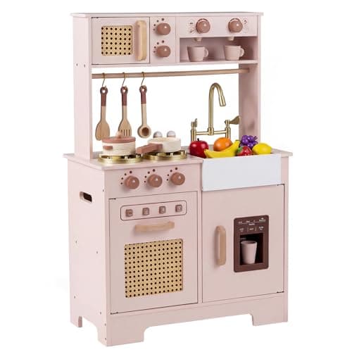 Image of COSTWAY Kids Play Kitchen, Wooden Pretend Toy Kitchen with Realistic Lights & Sounds, Stoves, Sink, Faucet, Oven, Ice Machine, Microwave, Coffee Maker, Children Chef Role Playset for 3+ (Pink)