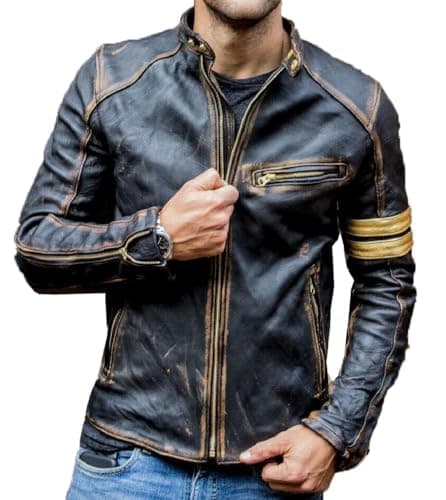 Image of Mens Real Leather Biker Cafe Racer Vintage Motorcycle Distressed Black Genuine Leather Jacket (XL)