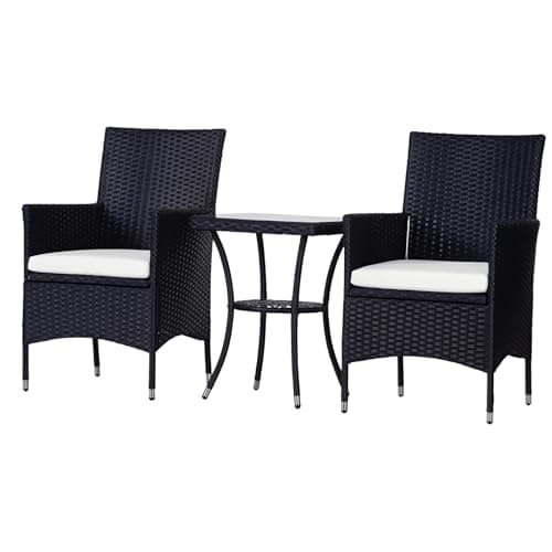 Image of Outsunny 3 Pieces Rattan Bistro Set, Wicker Garden Furniture Set with 2-Tier Coffee Table and Chairs, Cushions, for Outdoor Patio Balcony, Black