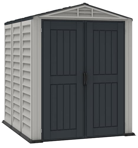 Image of Duramax YardMate PLUS 5 x 8 (4.28 m2) Plastic Garden Shed with Heavy-Duty Plastic Floor, Strong Metal Roof Structure, Fire Retardant & Maintenance-Free Storage Shed, Dark Grey & Adobe