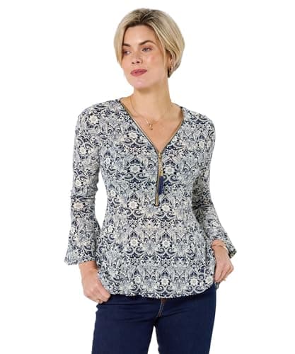 Image of Joe Browns Women's Lace Overlay Fluted Sleeve Zip Front Top, Regular, Navy, UK 8