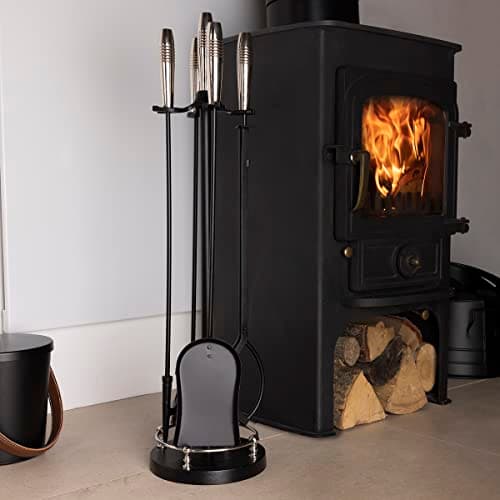 Image of CHARLES BENTLEY Companion Set, Snug, Sycamore, Fireside Companion Set, Iron, Tool Stand, Poker, Tongs, Coal Shovel, Natural, Coco Fibers Brush, Four Piece, Circular Base, Black (77x19.5x19.5cm)