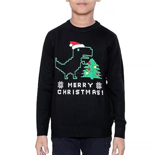 Image of NOROZE Boys Girls Unisex Children Kids Merry Christmas Dinosaur Tree Hat Reindeer Snowflake Pom Polar Bear Dino Roar Mas Knitted Novelty Ugly Xmas Jumpers Sweater (7-8 Years, Dinosaur Hat Black)
